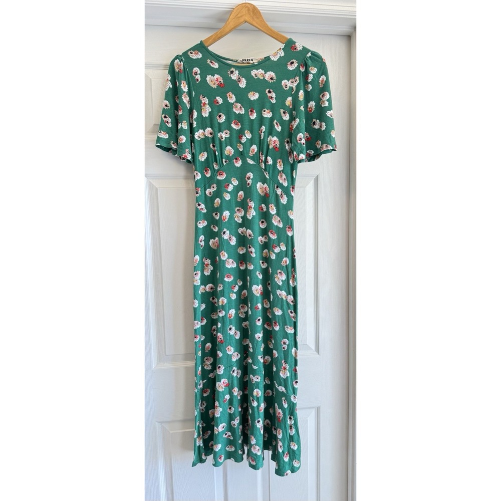 Boden Midi Dress Women 2R Green Daisy Floral Empire Waist Short Puff Sleeve